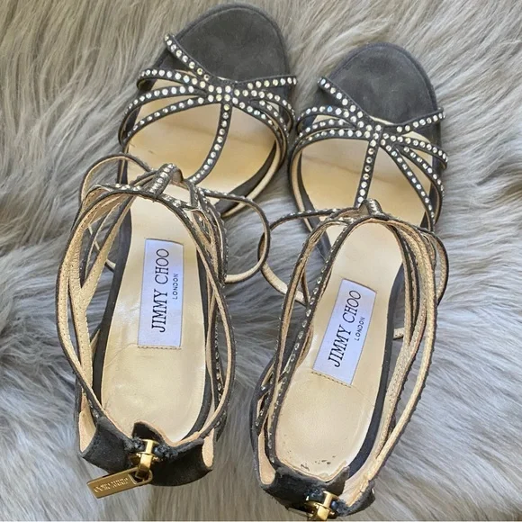 Jimmy Choo Gray Leather Vendetta Crystal Embellished Strappy Heel Sandals - Picture 11 of 11